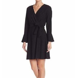 NWOT SPENSE 3/4 Sleeve Textured Knit Dress Solid Black V-Neck Mini Tie Bow XS